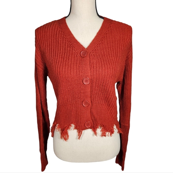 Love Tree Distressed V Neck Button Up Cropped Cardigan, Burnt Orange, Sm… - Picture 1 of 14